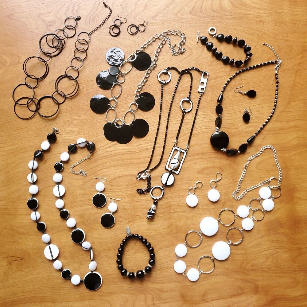 Black & White 12pc Mixed Jewelry Lot Necklace Earrings Bracelet Monochrome
